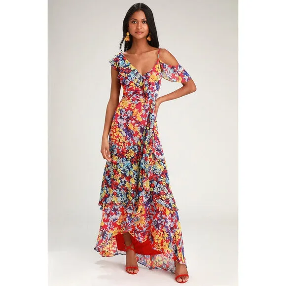 Lulus Radiant Ruby Red Floral Print Chiffon Maxi Dress - Size XL - Picture 1 of 1